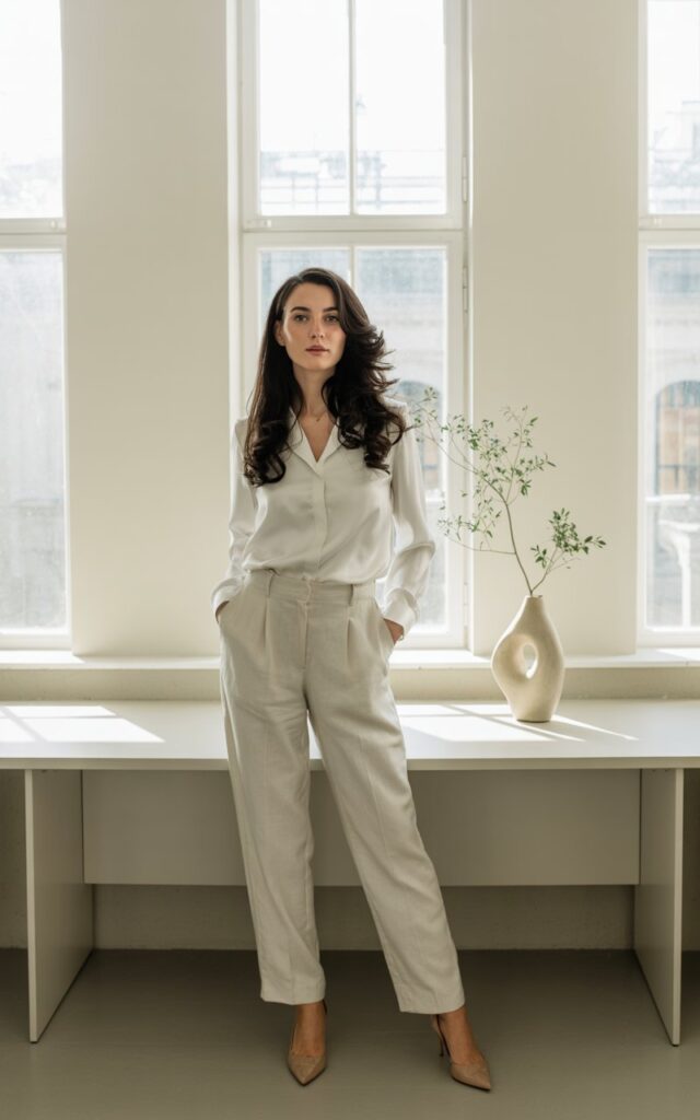 A white-skinned brunette stands in a bright, minimalist office space. She wears a white satin blouse tucked into tailored white linen trousers, paired with nude heels. Natural daylight from tall windows floods the room. Her pose is clean and composed, hands in pockets, expression serene.