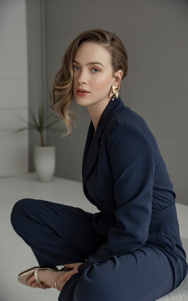 A white-skinned brunette with soft waves poses in a chic studio with neutral tones. She wears a navy tailored jumpsuit with a cinched waist, paired with gold statement earrings and strappy heels. Gentle studio lighting highlights the outfit’s structure. Her stance is relaxed yet poised.