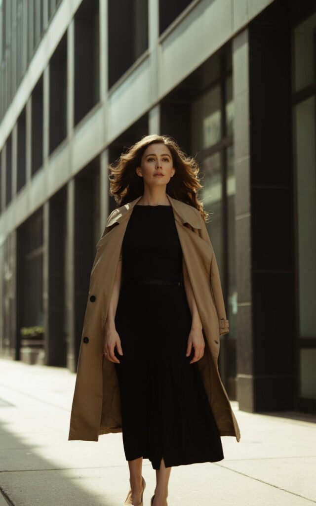 A white-skinned brunette woman stands in front of an urban office building. She wears a tan trench coat draped over a black fitted midi dress with nude pumps. Wind catches her hair softly. Natural daylight with subtle overcast tones adds an editorial edge. Her gaze is direct, calm, and powerful.