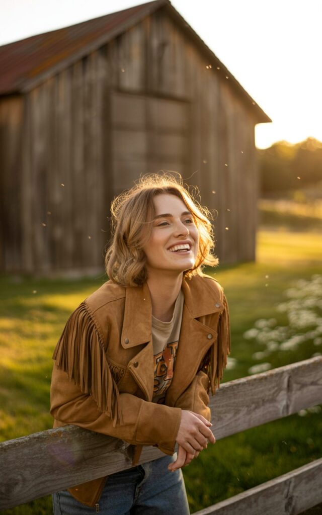 A white-skinned female model with shoulder-length wavy hair poses in front of a rustic wooden barn during golden hour. She wears a tan suede fringe jacket over a vintage graphic tee, high-waisted blue jeans, and suede boots. She leans slightly against a fence, smiling candidly, sunlight catching the fringe in motion.