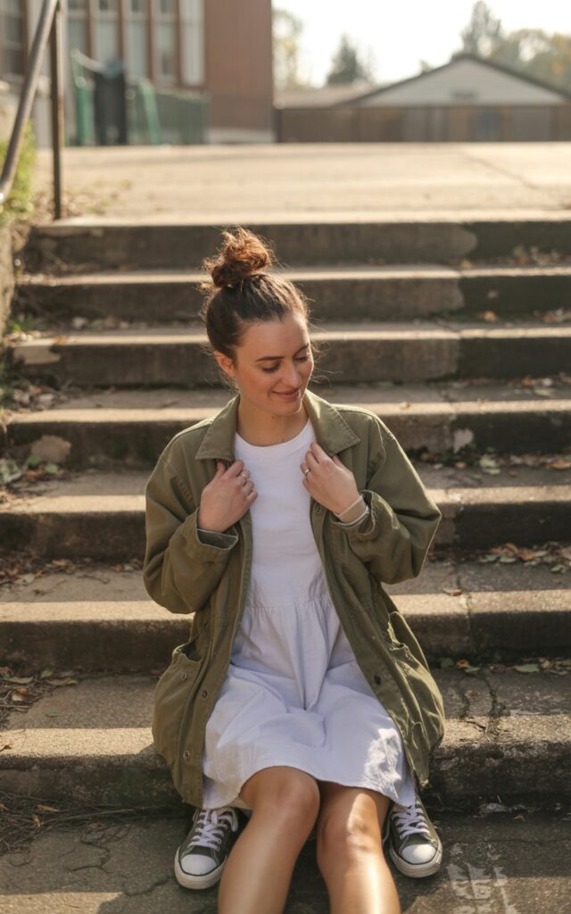 A white-skinned model with messy bun, wearing a khaki green utility jacket layered over a simple white cotton dress and sneakers. Setting schoolyard steps in afternoon light. Relaxed candid pose, adjusting her jacket sleeve. Editorially raw with visible texture.