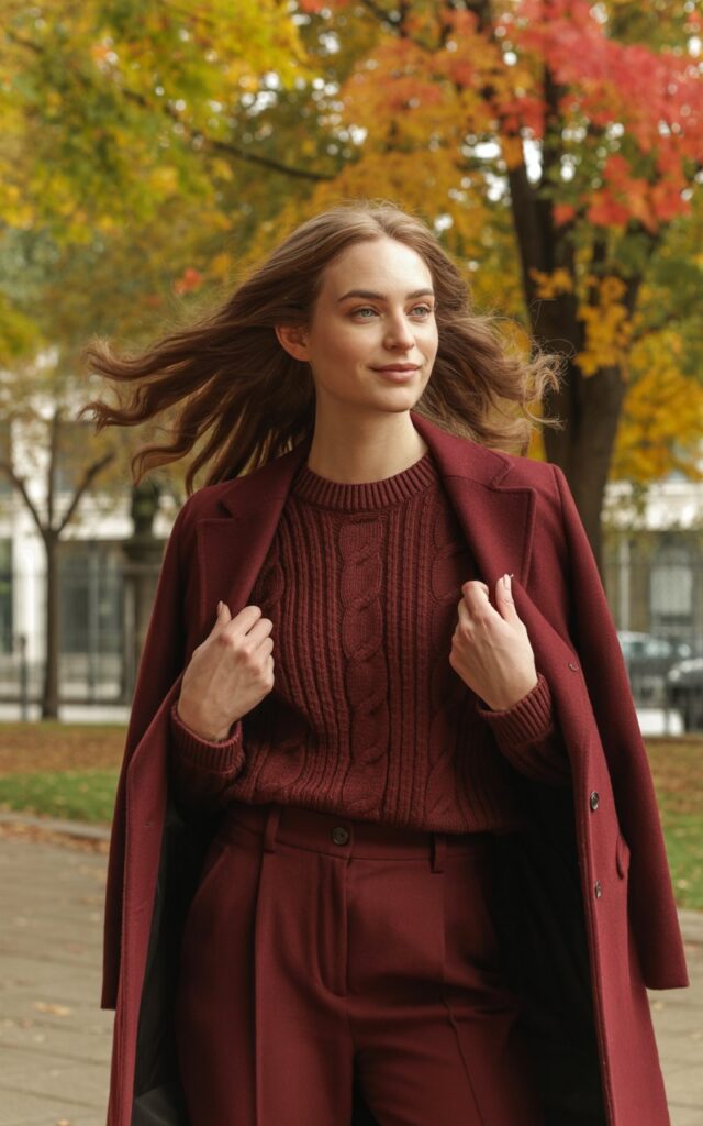 A white-skinned model with wavy chestnut hair stands in a city park surrounded by fall foliage. She wears a monochrome burgundy outfit — knit sweater, tailored trousers, and matching coat. Natural daylight filters through trees, golden and crisp. She’s smiling softly, holding her coat closed with both hands.