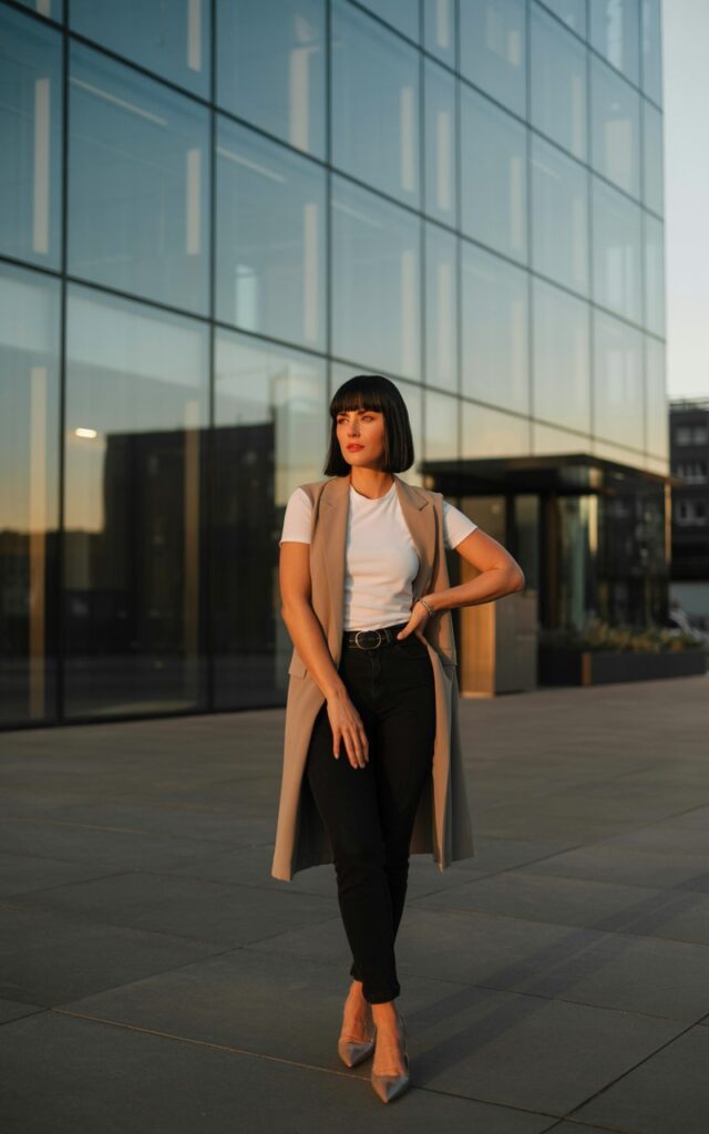 A white-skinned woman with dark straight bob, wearing a long beige vest layered over black slim pants and a fitted white tee. Pointed heels complete the look. She’s standing outside a glassy office building during golden hour. Confident pose, one hand resting on her hip.