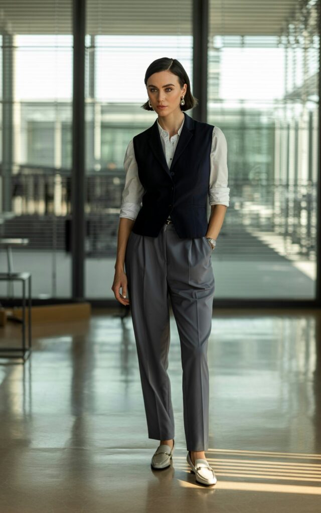 A white-skinned woman with sleek dark hair poses in a modern office setting. She wears a tailored black vest layered over a white shirt and gray trousers. Simple accessories and pointed loafers complete the look. Natural indoor light through blinds adds subtle texture and contrast.