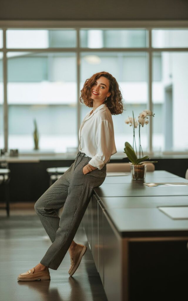 A white-skinned woman with wavy brown hair poses casually in a chic office lounge. She wears black-and-white printed trousers, a crisp white button-up top, and loafers. Soft indoor light from large windows creates a cozy professional vibe. She leans slightly on a desk, with a playful smirk.
