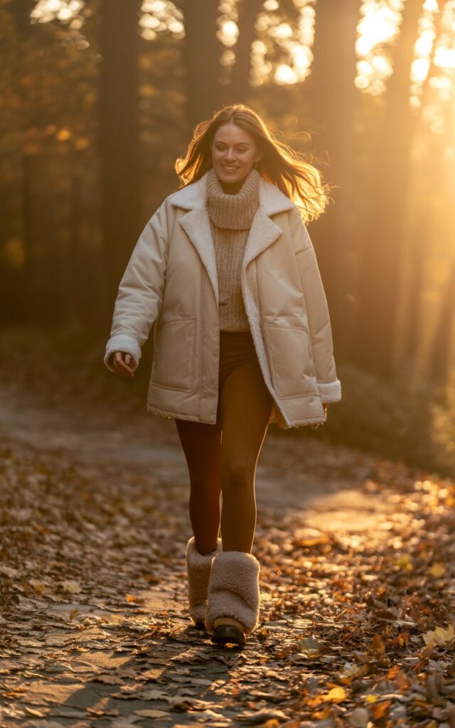 A woman in a cream shacket layered over a knit turtleneck and brown leggings, paired with shearling boots. She stands on a leaf-strewn trail during golden hour. Her hair glows in the backlight, and she’s walking forward, smiling naturally. The warm tones feel cinematic and inviting.