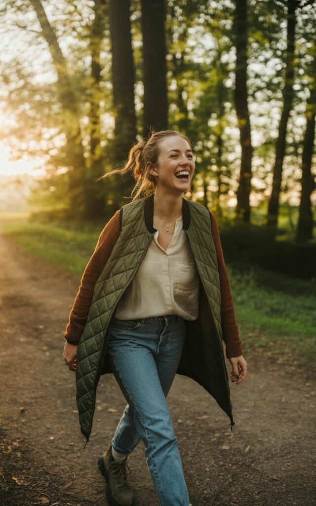A woman wears a cream blouse layered under a brown cardigan and olive quilted vest, paired with jeans and boots. She’s on a forest trail during golden hour. Natural light glows through trees, adding depth. Her hair is tied loosely, and she’s mid-laugh, turning slightly toward the camera.
