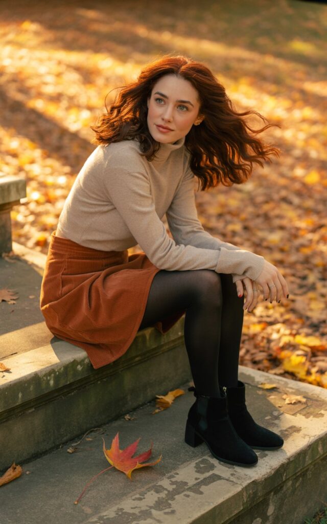 A young woman with chestnut wavy hair, wearing a beige turtleneck tucked into a rust-colored corduroy mini skirt, tights, and black ankle boots. She sits on park steps surrounded by fallen leaves, golden autumn light streaming in. Playful expression, hair slightly windswept.