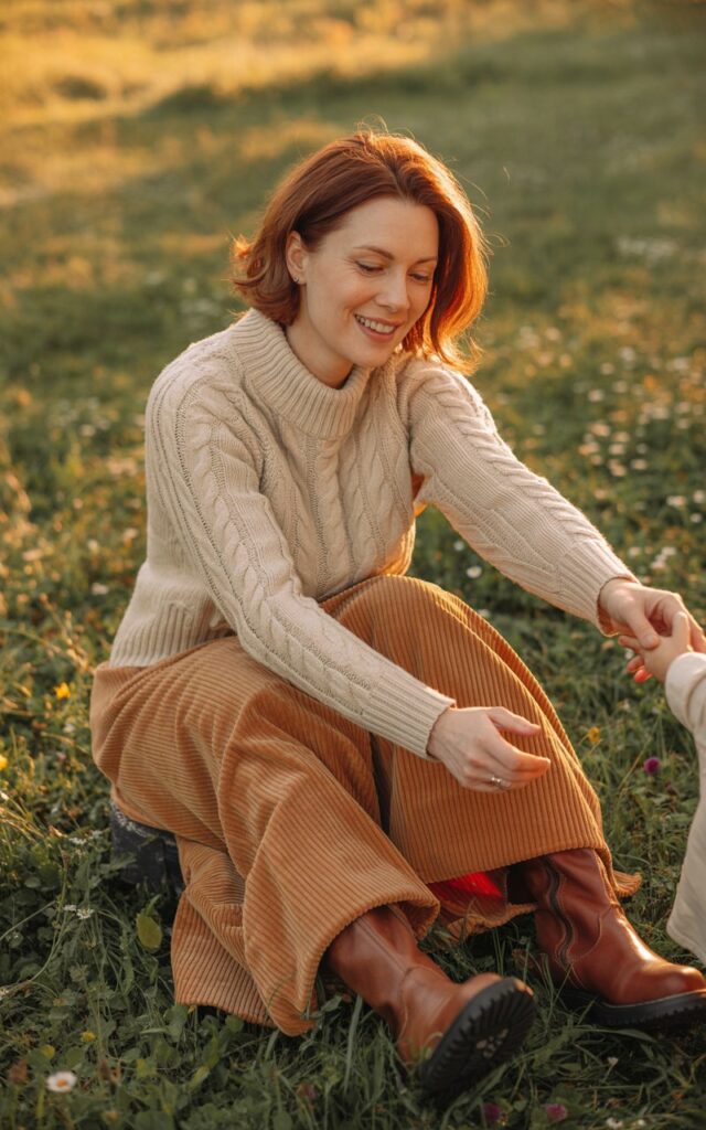 Adult female model styled like a mom figure — cream knit sweater, tan corduroy skirt, and brown boots — standing in a meadow at sunset. Golden-hour light makes textures pop. Her hair is windswept, expression soft and warm, holding a child’s hand out of frame to hint at family context.