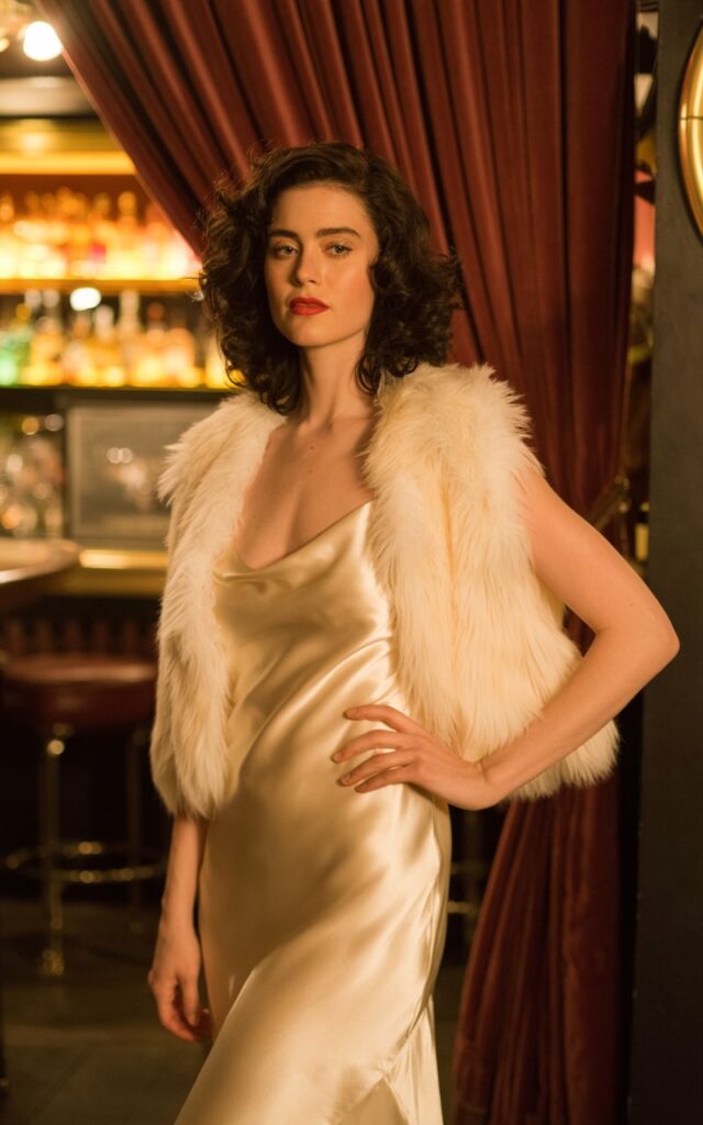 At a dimly lit cocktail lounge, a white-skinned woman with dark curls and red lipstick wears a champagne silk slip dress and a cropped white faux-fur jacket. Warm amber bar lighting adds a cinematic glow. She stands near a velvet curtain, one hand on her hip, gazing into the camera with confident allure.