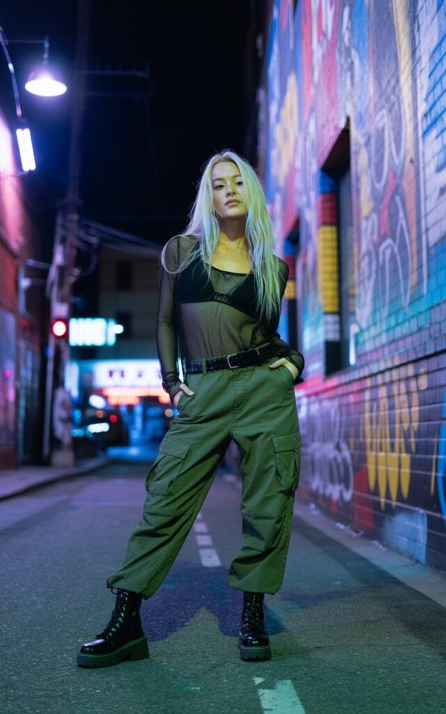 At an urban night spot with graffiti walls, a white-skinned woman with long platinum-blonde hair wears a black mesh top layered over a bralette, paired with olive cargo pants and chunky boots. Cool-toned lighting from street lamps. She’s standing confidently with one hand in her pocket, expression bold and playful.