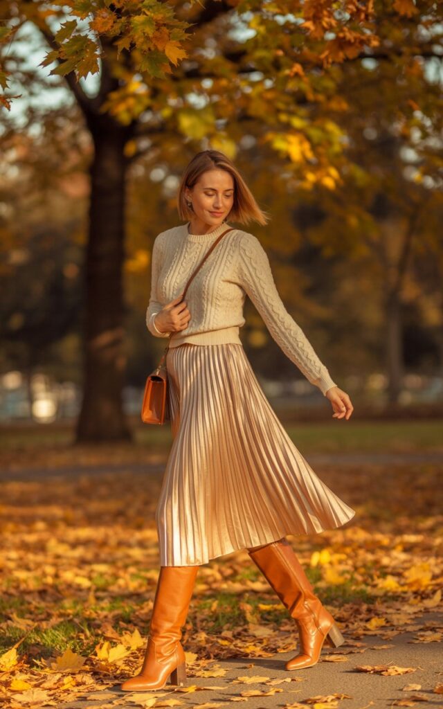 Autumn outdoor setting with golden leaves around. The model wears a champagne pleated skirt and a fitted cream sweater tucked in. Knee-high tan boots and a crossbody bag complete the look. Lighting golden hour glow. Pose walking lightly, looking down with a soft smile.