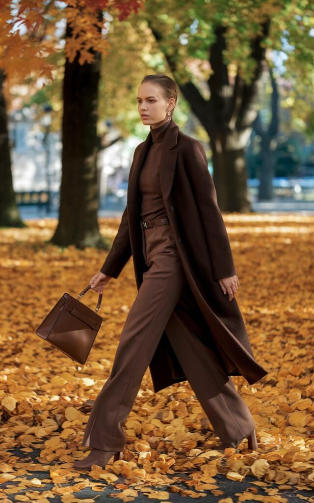 Autumn park scene with golden leaves and soft daylight. The model walks gracefully, wearing a deep chocolate wool coat with a matching structured handbag. Underneath, she wears tailored trousers and heeled boots. The tones are rich and warm, with sunlight filtering through trees — pure fall luxury.
