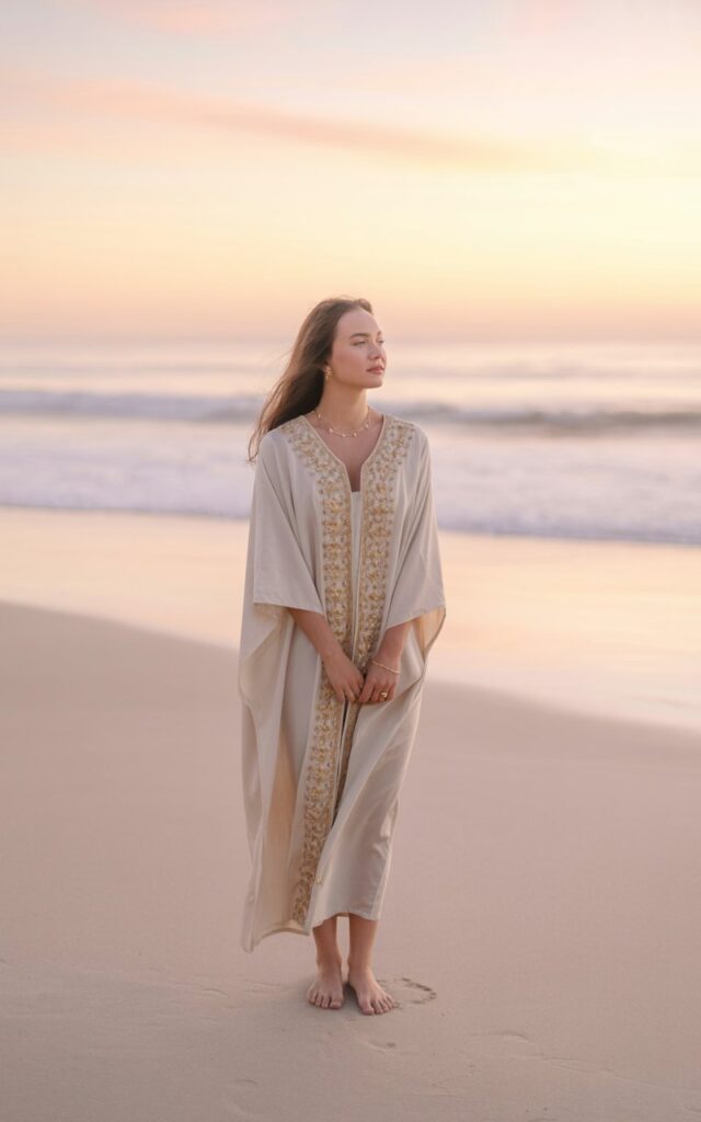 Beach scene at sunrise with soft pastel lighting. The model stands barefoot on the sand wearing a cream kaftan with delicate gold embroidery and minimal jewelry. Her hair flows naturally in the wind, expression peaceful. The ocean waves softly blur in the background.