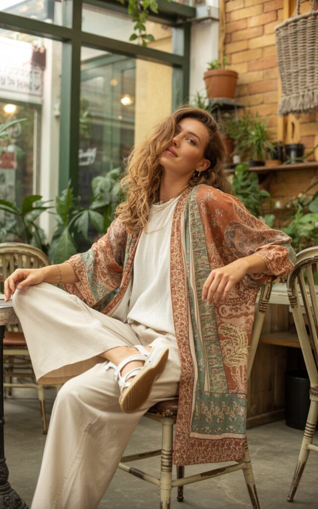 Bohemian-inspired indoor café scene with soft daylight. The model wears a printed kimono jacket over cream flowy pants and a simple white top. She’s sitting casually on a wooden chair, one leg crossed, with loose wavy hair. The background includes plants and earthy tones for an artistic, relaxed vibe.