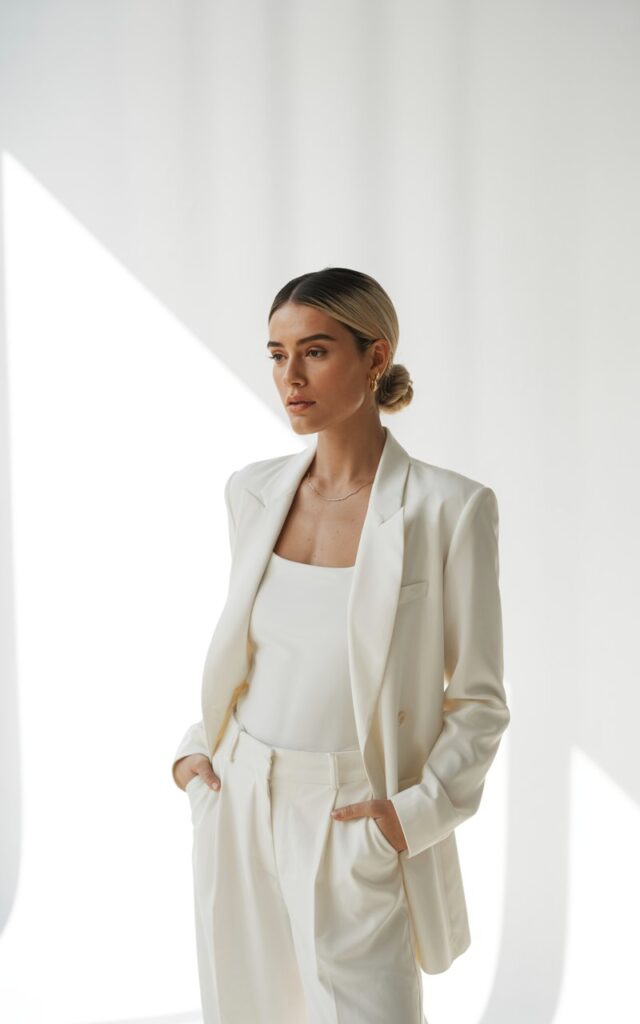 Bright minimalist studio setting. Model with dark blonde hair in sleek low bun wears an all-white outfit — blazer, trousers, and heels — with gold jewelry. Lighting is bright natural light with soft shadows. She stands confidently with hands in pockets, exuding quiet strength.