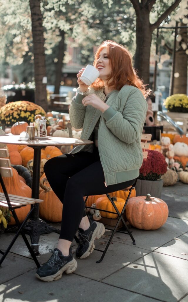Candid outdoor shot of a white-skinned woman with copper hair in a sage-green quilted bomber jacket, black leggings, and chunky sneakers. She’s sipping coffee at a cozy outdoor café, surrounded by pumpkins and fall décor. Morning sunlight filters through trees. Her smile is relaxed and natural.