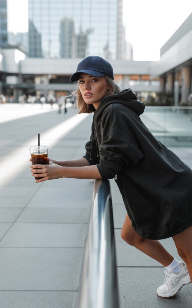 Captured in a modern city plaza, the model wears an oversized black hoodie dress with chunky white sneakers. A baseball cap and backpack complete the outfit. She leans casually against a railing, sipping iced coffee, giving off effortless cool vibes.