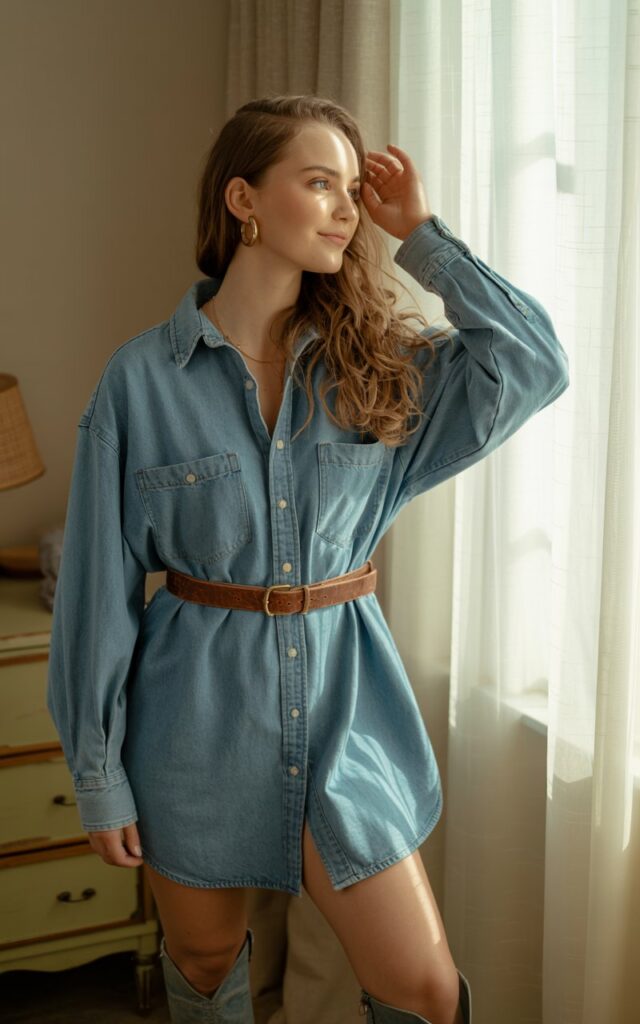 Captured in a sunlit bedroom setting with morning window light, the model wears an oversized denim shirt cinched at the waist with a brown belt, knee-high boots, and simple gold jewelry. She’s adjusting her hair, looking natural and effortlessly chic.