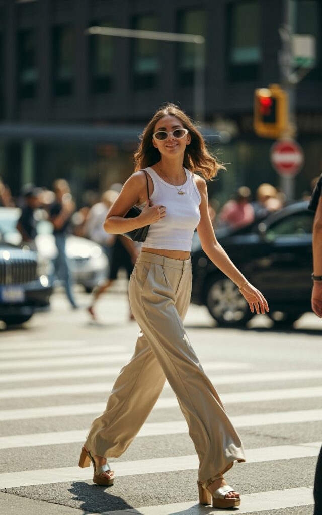 Captured mid-walk across a city crosswalk in natural daylight. The model wears a white cropped tank with beige wide-leg trousers and platform sandals. A small shoulder bag and oversized sunglasses complete the look. Her loose waves bounce as she walks confidently with a carefree smile.