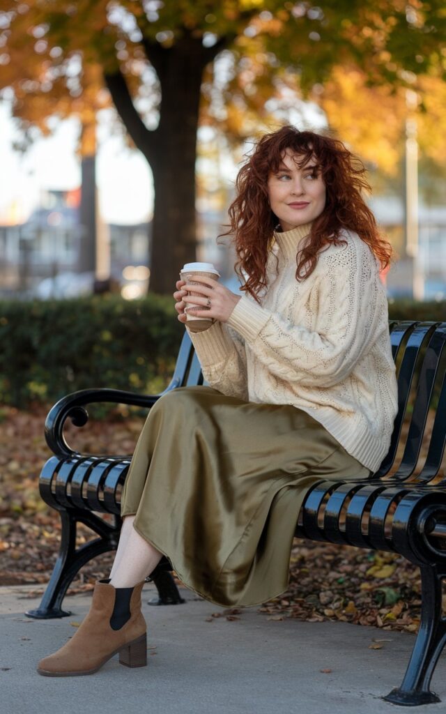 Captured on a park bench in early fall, a white-skinned woman with curly auburn hair wears a cream chunky knit sweater, olive satin midi skirt, and ankle boots. Lighting is natural golden hour. She’s sitting cross-legged, smiling gently, coffee cup in hand — cozy, romantic energy.