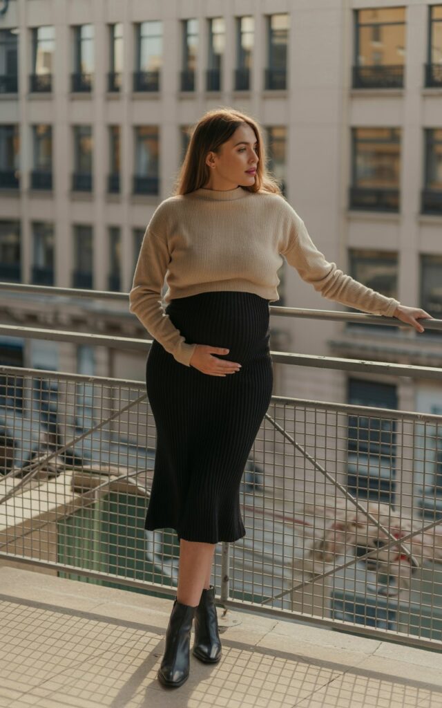 Chic pregnant woman in a ribbed black midi skirt and a cropped beige sweater, posing on a city balcony. Golden hour lighting, elegant posture, wearing ankle boots. Modern and sophisticated.