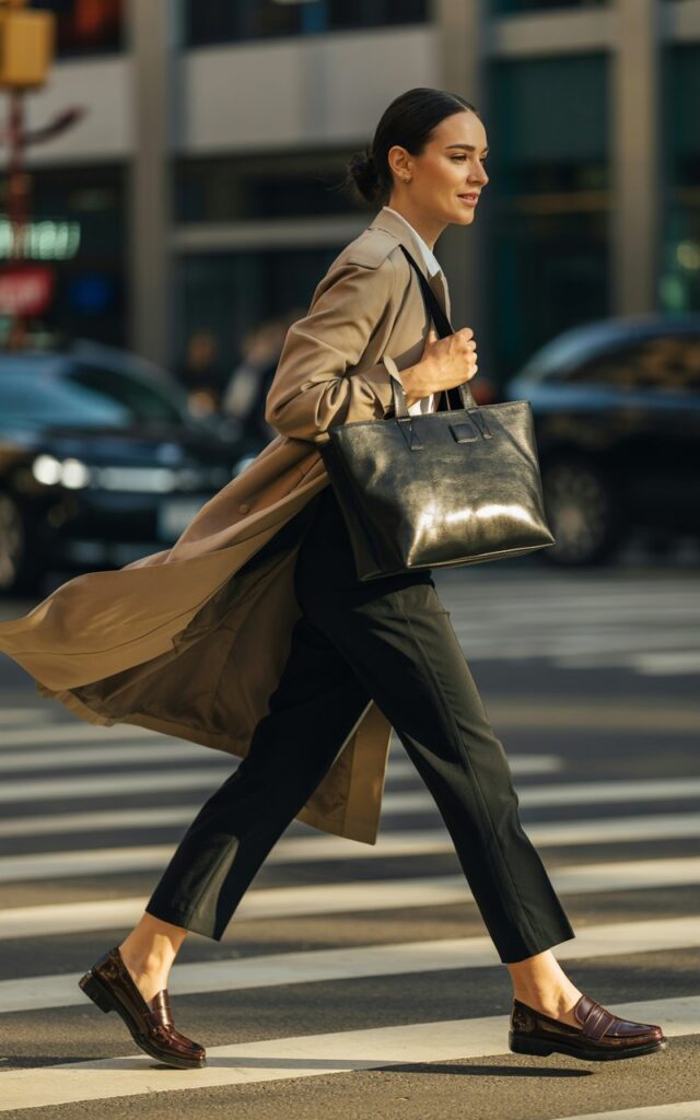City crosswalk setting in soft daylight. Model walks briskly wearing a tan trench coat, cropped black trousers, and loafers, carrying a structured tote. Hair tied back neatly. Lighting highlights motion and fabric texture. Expression focused but calm, natural wind in coat.