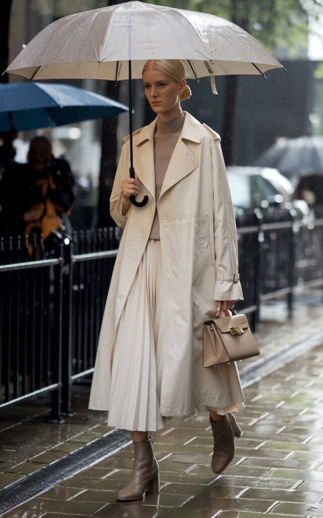 City street scene under soft morning rain. The model wears a beige trench coat over a white pleated skirt, ankle boots, and carries a structured handbag. Her hair is neatly tied, and she walks under an umbrella, glowing in diffused daylight.