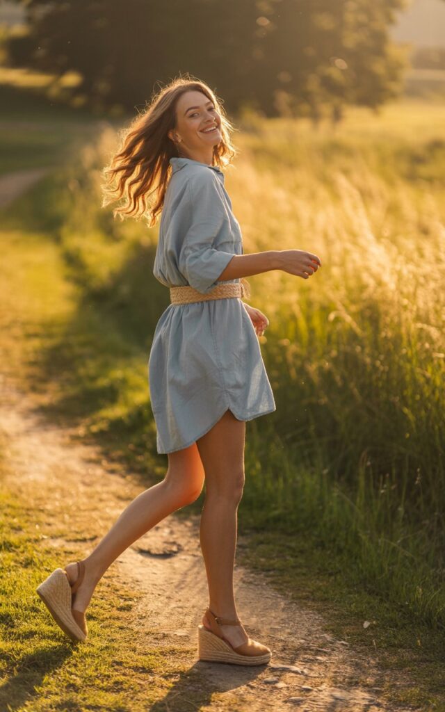 Country path during golden hour. The model walks along a dirt trail lined with tall grass, wearing a light blue shirtdress cinched with a woven belt and tan espadrilles. Her wavy hair catches the light as she looks back playfully over her shoulder. The mood feels carefree and summery.