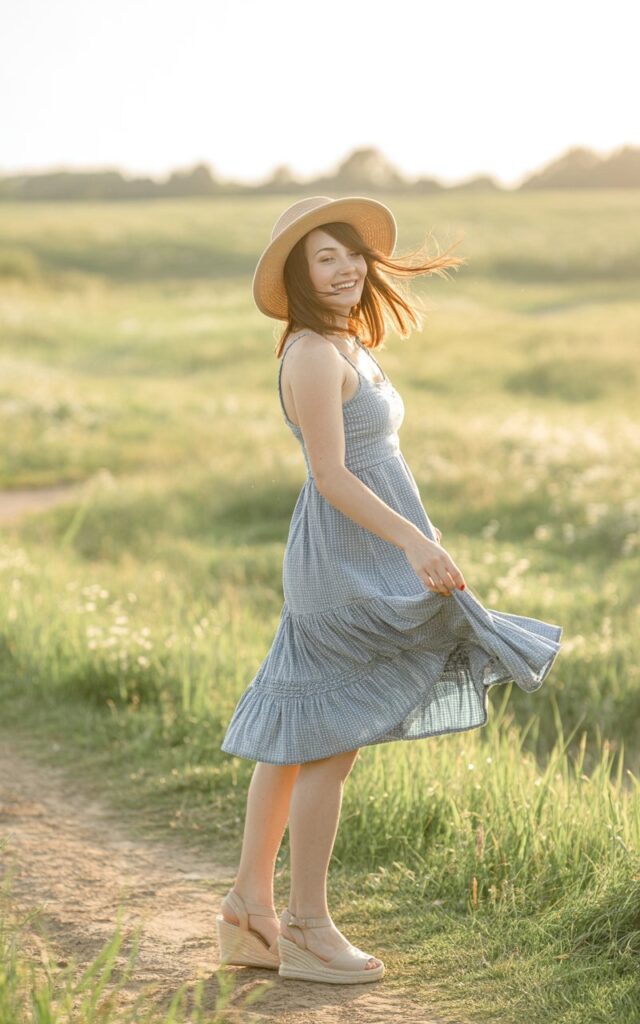 Countryside field, golden hour light. Model wears a blue gingham sundress with espadrille wedges and a straw hat. Holding the hem of her dress, twirling playfully, natural carefree vibe.
