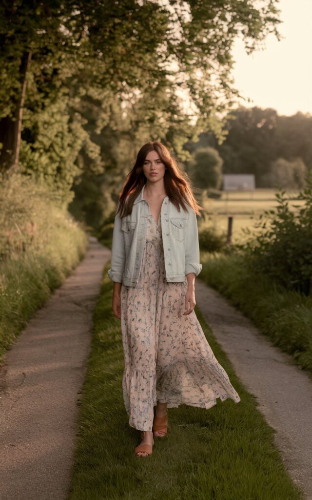 Countryside pathway at golden hour. Model with long chestnut waves wears a floral flowy maxi dress, light denim jacket, and tan sandals. Natural sunlight filters through trees. She walks barefoot, hair flowing — cinematic and carefree.