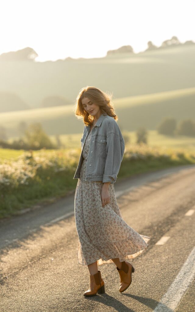 Countryside road with soft morning light. The model wears a floral cotton maxi dress with a light denim jacket and ankle boots. Her hair is in loose waves, and she looks down shyly with a small smile. The gentle wind lifts her dress hem slightly for a candid, natural shot.