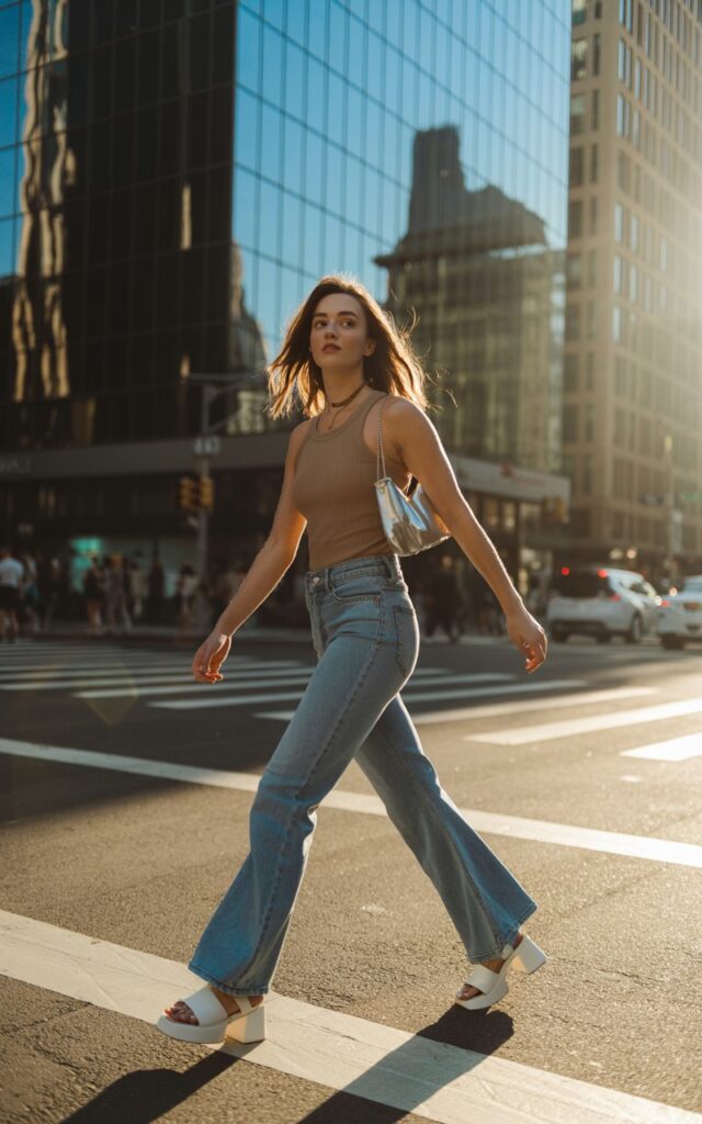 Daytime urban crosswalk scene with sunlight reflecting off glass buildings. The model wears a fitted tank top, flared jeans, white chunky platform sandals, and a tiny metallic mini bag. Her light brown hair flows naturally as she walks mid-stride, confident expression and natural texture highlighted.