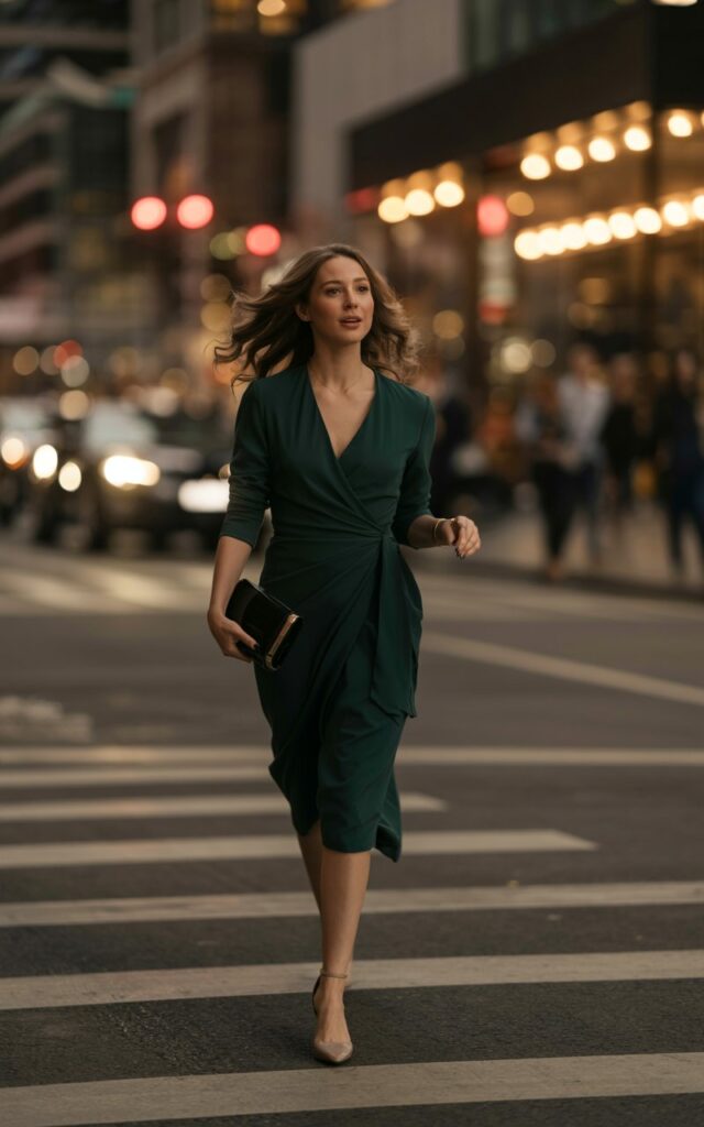 Downtown evening street. Model in a deep green wrap dress paired with nude ankle-strap heels and a clutch. Walking mid-step, elegant posture, hair styled in loose waves.