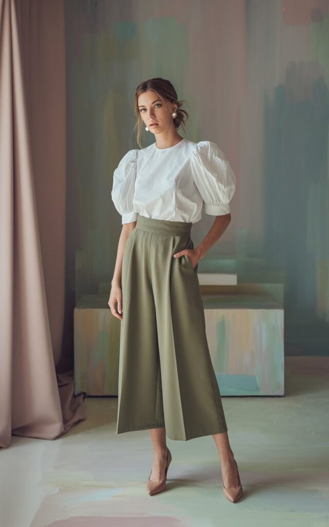 Editorial-style indoor shot with a muted pastel backdrop. A woman stands confidently, wearing a white puff-sleeve blouse tucked into olive culottes and nude heels. Her light brown hair is in a loose bun, and she wears pearl studs. Soft diffused lighting gives the photo a painterly, elegant quality.