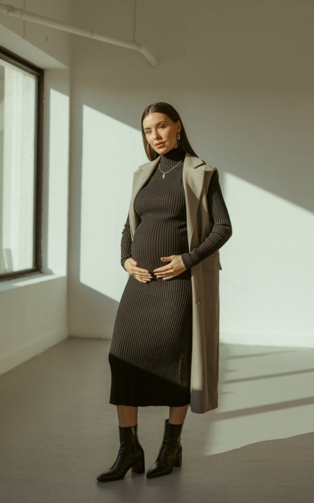 Elegant pregnant woman in a ribbed charcoal midi dress with a long beige vest. Indoor minimalist space with large windows, soft directional light. Standing tall, hair sleek and tucked behind ears, wearing heeled boots.