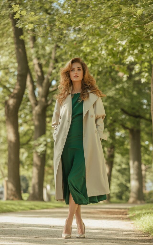 Elegant woman in a deep green midi dress paired with a cream trench coat and nude heels. She stands in a park under tall trees with soft daylight filtering through. Her hair is styled in loose waves, and she gazes calmly into the camera with a serene expression.