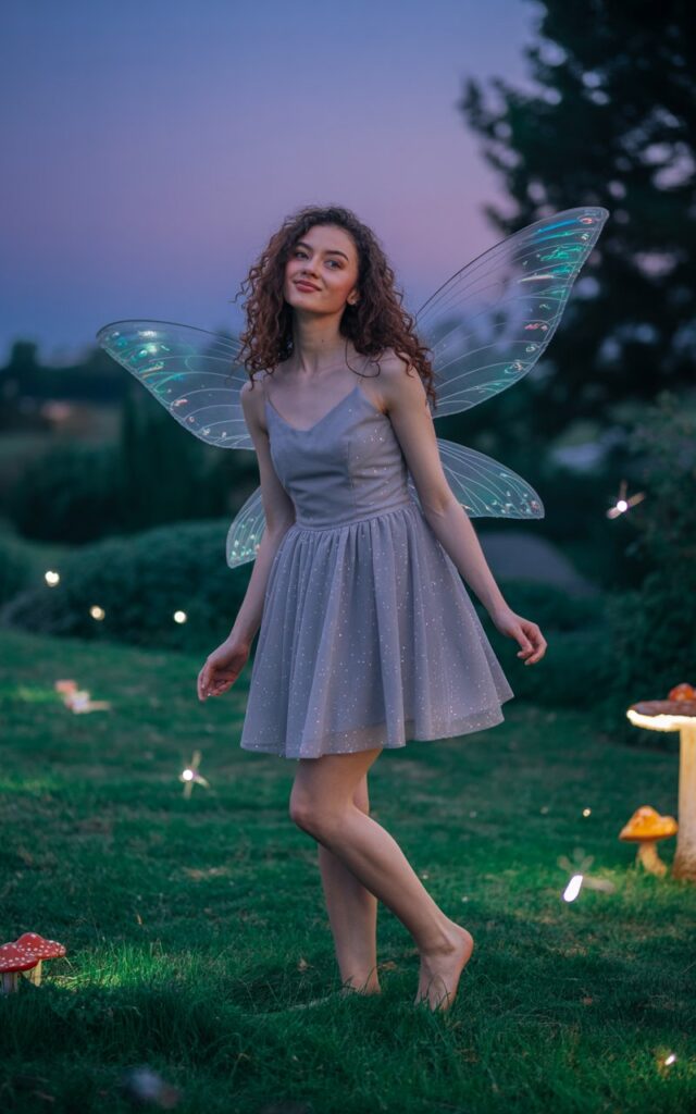 Fantasy-inspired garden photoshoot at twilight. The model wears a sparkly silver mini dress with iridescent fairy wings. Her hair is curled loosely with glitter accents. She stands barefoot in the grass with a playful smile, arms slightly raised as if caught mid-movement.