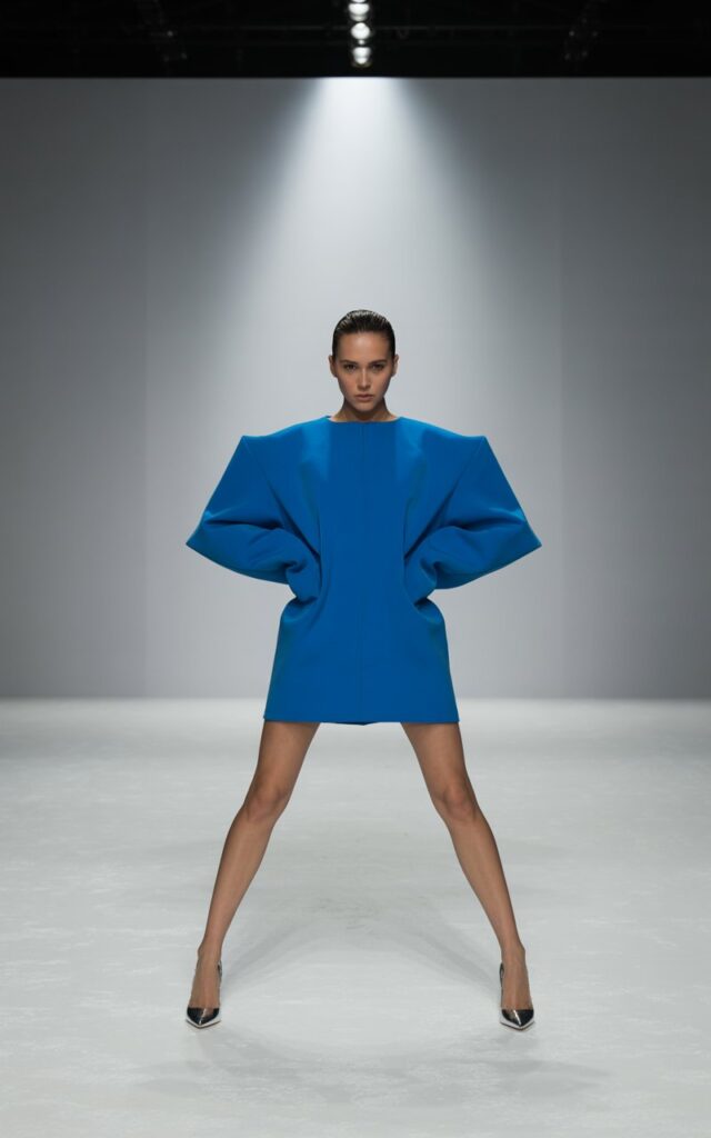 Fashion show runway backdrop. Model in a bright cobalt blue structured mini dress with bold sleeves, metallic heels, and slicked-back hair. Fierce pose, piercing gaze, strong editorial finish.