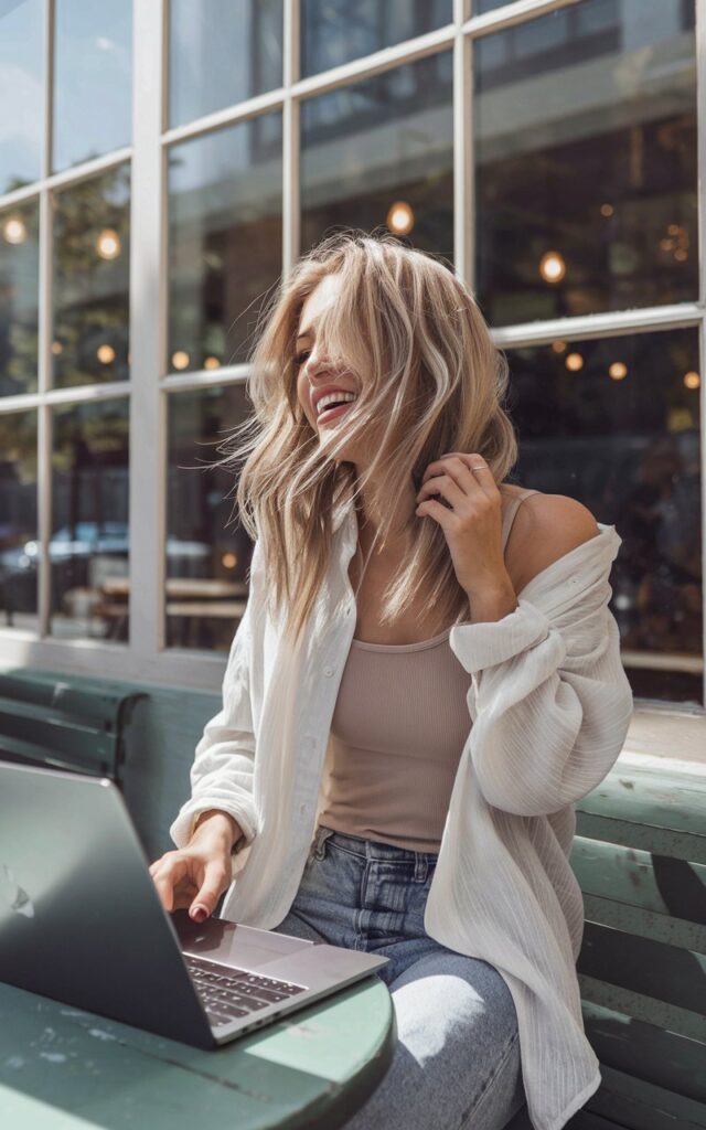 Full-body café photo of a white-skinned woman with messy blonde waves wearing a relaxed white button-down over a beige tank and jeans. She’s sitting outside a coffee shop, laptop open, sunlight streaming in through large windows. Pose casual and candid, mid-laugh.