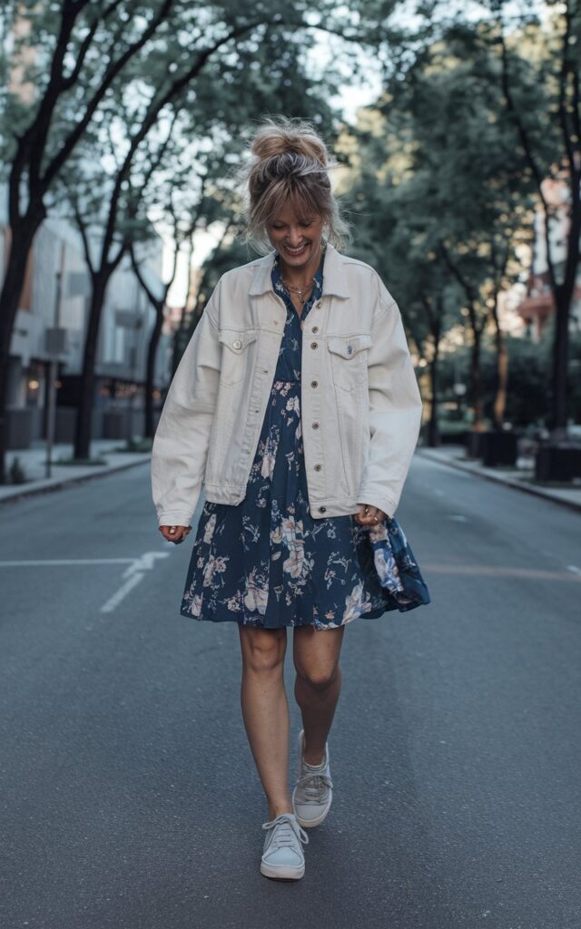 Full-body candid shot on a tree-lined urban street during early afternoon. The model wears a floral tea dress, light-wash denim jacket, and white sneakers. Her hair is in a messy bun, and she’s mid-laugh, walking with a carefree vibe.