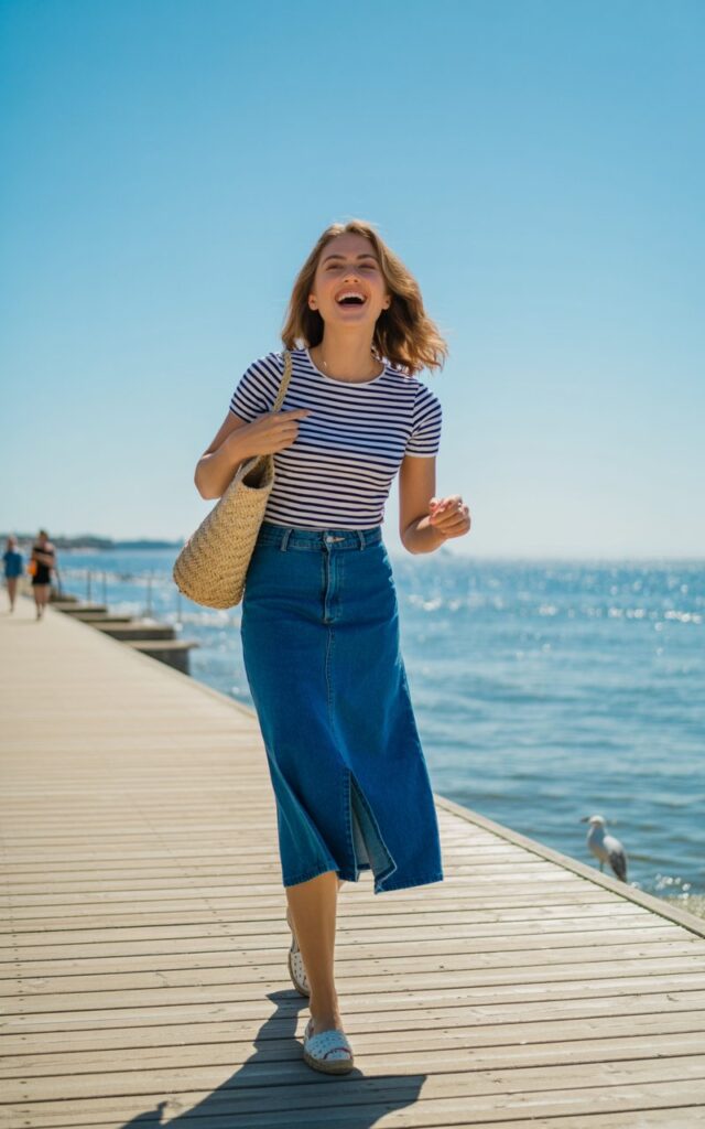 Full-body coastal boardwalk shot under bright daylight. The model wears a navy-and-white striped top tucked into a medium-wash denim midi skirt, with espadrilles and a woven straw bag. Her hair is in soft beach waves, and she’s laughing as she walks by the water. Bright, cheerful, and naturally sunlit.