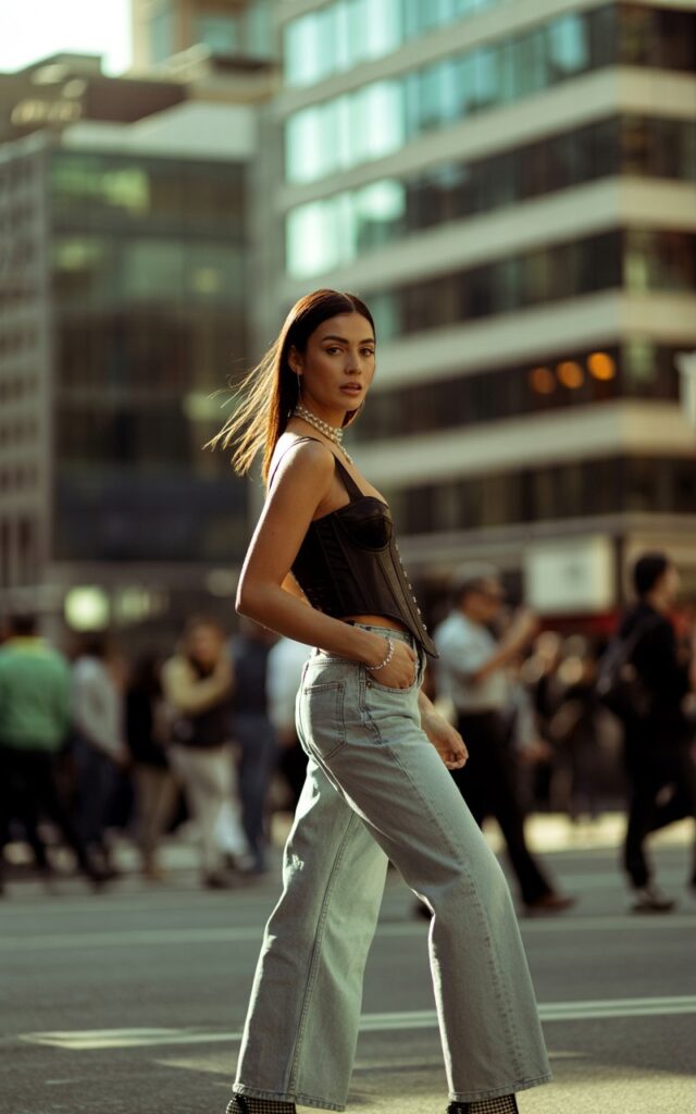 Full-body editorial shot of a model standing in an urban street setting with soft afternoon light. She wears a black structured corset top, light-wash wide-leg jeans, silver jewelry, and heeled ankle boots. Her hair is sleek and loose; she gazes over her shoulder confidently as a breeze lifts her hair slightly. Mid shot image.