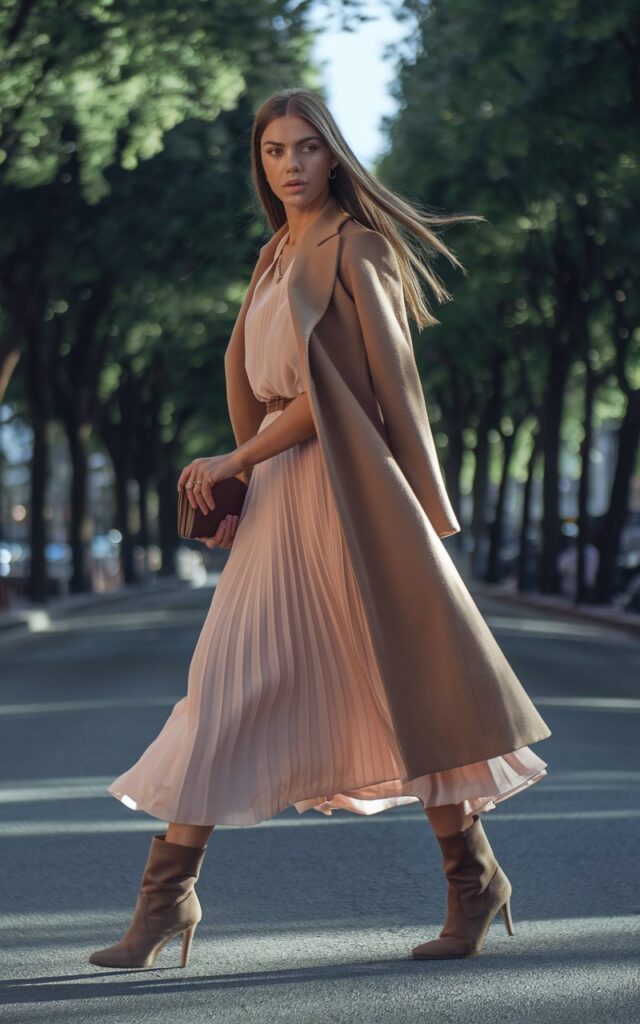 Full-body editorial shot of a woman crossing a city street lined with trees, wearing a blush flowy midi dress under a camel structured coat. She carries a small clutch and wears mid-heel boots. The lighting is soft and natural, enhancing the movement of her dress. Her long, straight hair moves slightly in the wind.