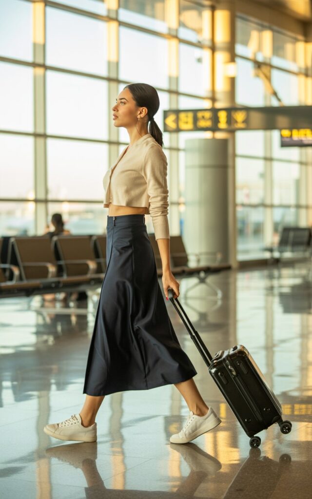 Full-body image at an airport terminal bathed in soft morning light. The model wears a cropped cream cardigan over a navy high-waisted midi skirt with white sneakers and a carry-on suitcase beside her. Her hair is styled in a neat low ponytail, and she’s mid-step, looking poised and ready to travel. Casual elegance meets practicality.