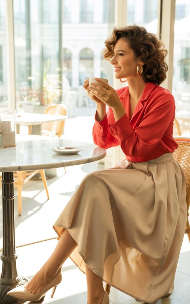 Full-body image in a bright indoor café with large windows and daylight streaming in. The model wears a beige midi skirt paired with a bold red silk blouse tucked in, gold hoop earrings, and nude heels. Her brunette hair is styled in soft curls, and she’s sipping coffee with a thoughtful smile. Chic, clean composition with a warm glow.