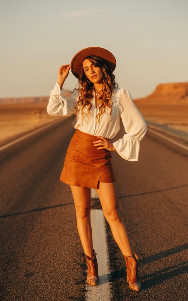 Full-body image in a desert road backdrop during golden hour. The model wears a tan suede mini skirt, white bell-sleeve blouse, and ankle boots. Her hair is long and wavy, and she poses confidently with a wide-brim hat.