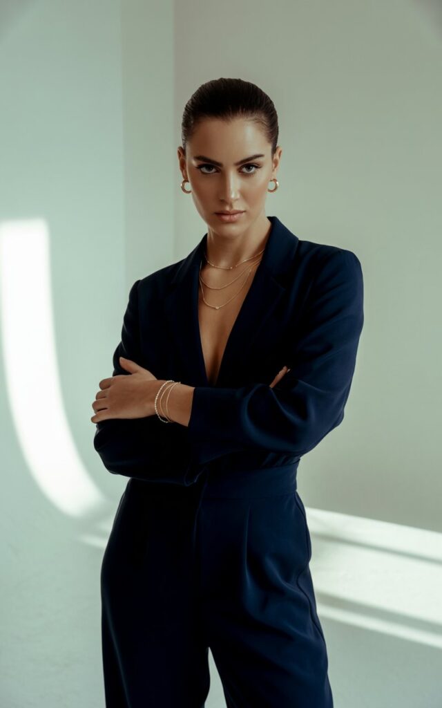 Full-body image of a confident woman with sharp cheekbones and slicked-back hair, wearing a navy structured jumpsuit cinched at the waist, accessorized with layered gold jewelry. She’s standing in a minimalist indoor studio with soft white lighting. Arms crossed, subtle smirk — modern, strong, elegant.