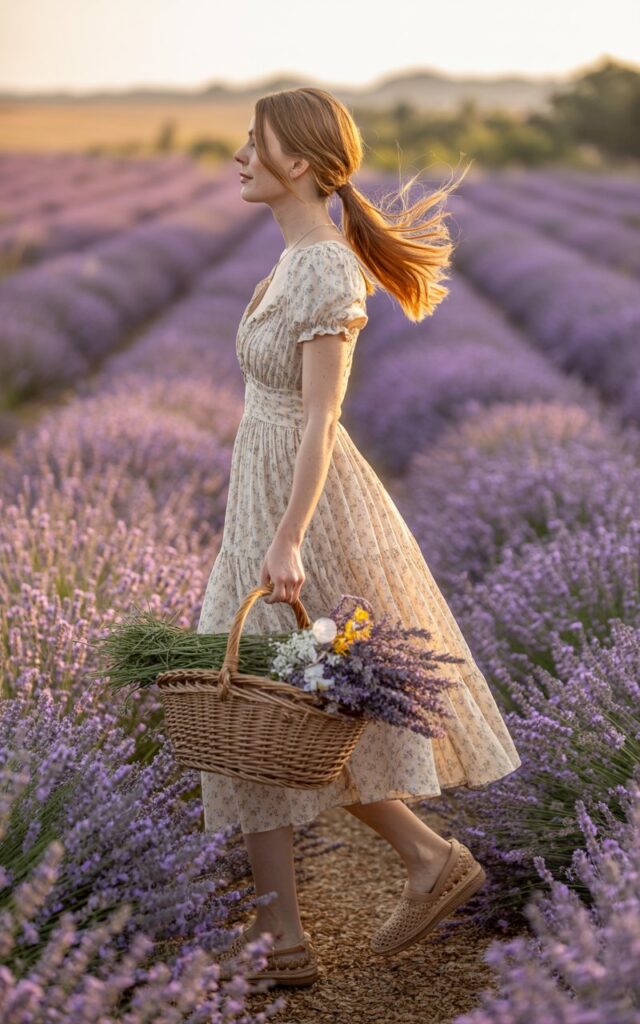 Full-body image of a fair-skinned model with honey-blonde hair in a low ponytail wearing a floral puff-sleeve sundress and tan espadrilles. She’s walking through a lavender field in Provence under warm daylight. Soft wind moves her hair, and she carries a woven basket filled with flowers. Her expression is serene and content.