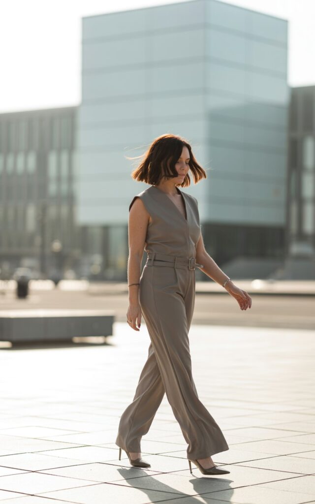 Full-body image of a fit woman with shoulder-length brunette hair, wearing a taupe minimalist jumpsuit with a belt and neutral heels. She’s walking across a modern plaza under bright natural daylight. Wind moves gently through her hair, expression focused yet serene. Clean lines, minimalist composition.